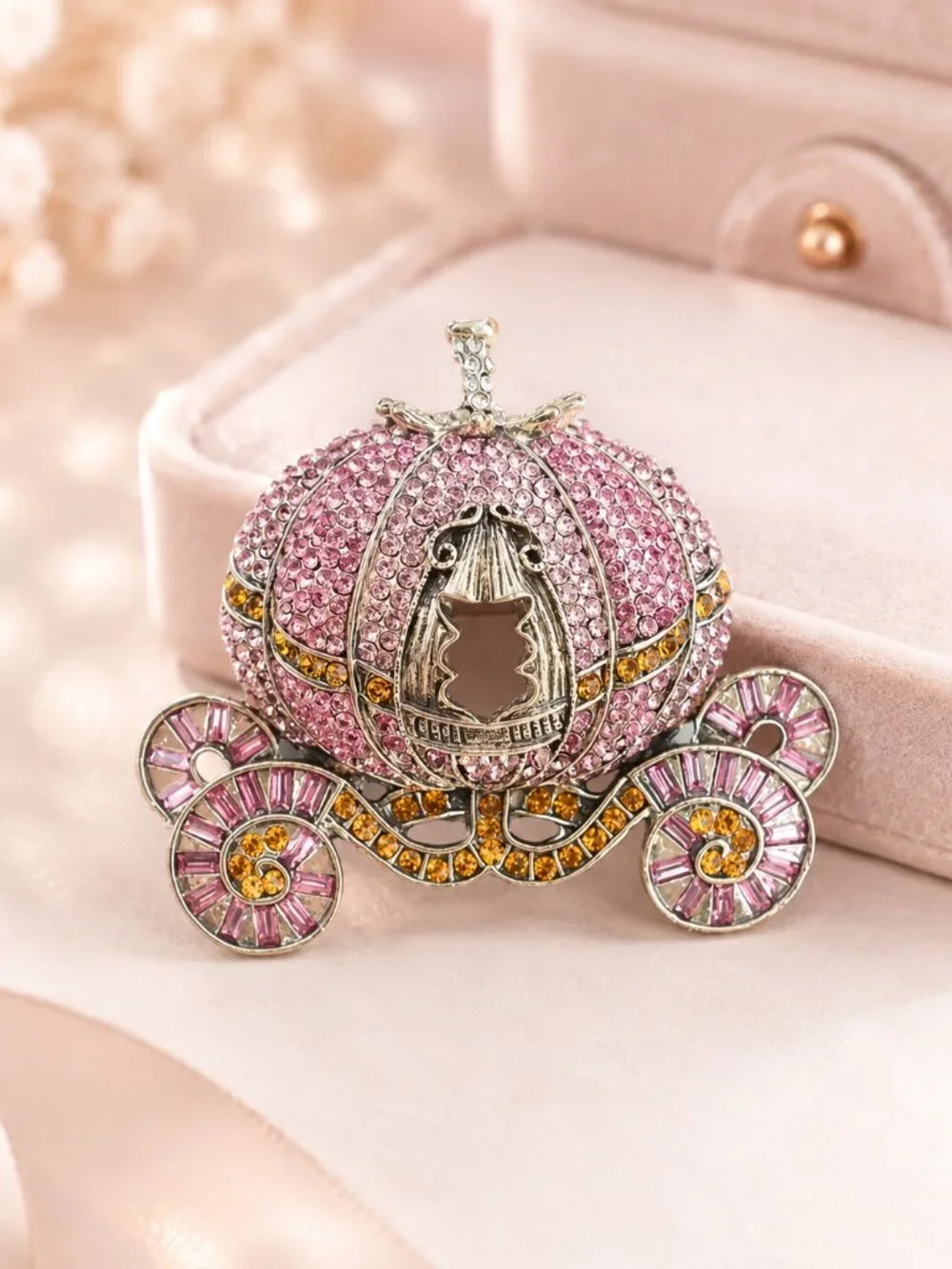 Pink Crystal Pumpkin Carriage Brooch Rhinestone Princess Coach Pin NWT